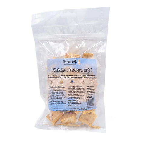 Verpackung Purwell Kabeljau Powerwürfel 60 g mit Zusammensetzung und analytischen Bestandteilen