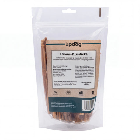 Verpackung updög Lamm-Kausticks 200 g mit Zusammensetzung und analytischen Bestandteilen