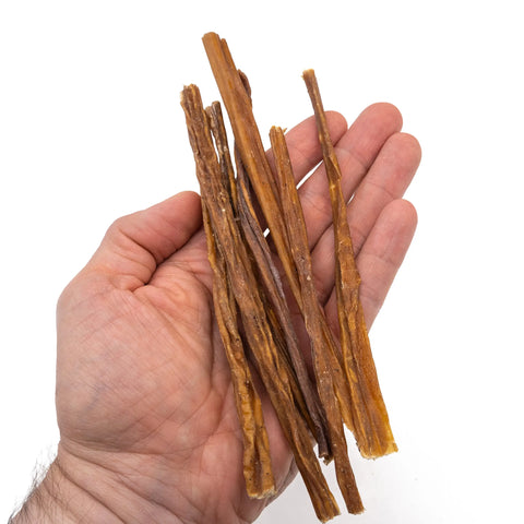 Größenvergleich: updog Welpen-Kausticks in einer Hand, ca. 15 cm lang und sehr schmal