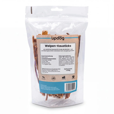 Verpackung updog Welpen-Kausticks 200 g mit Zusammensetzung und analytischen Bestandteilen