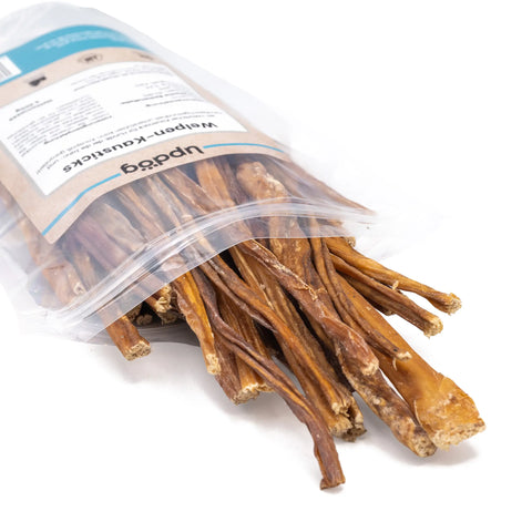 Geöffnete 200-g-Packung updog Welpen-Kausticks mit wiederverschließbarem Zipper