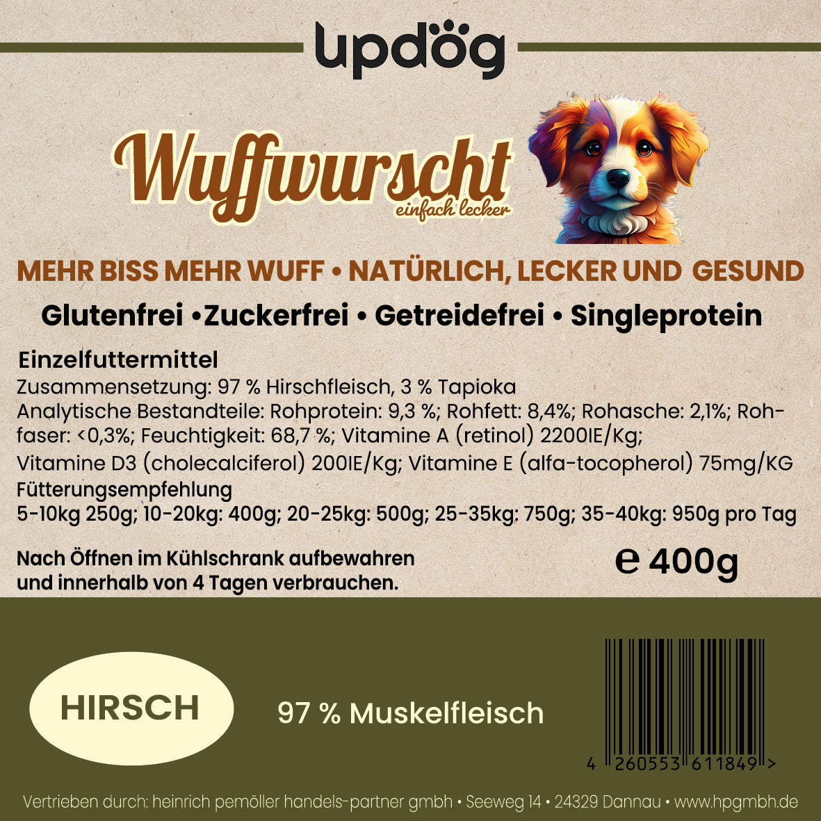 updog Wuffwurscht Hirsch 400g